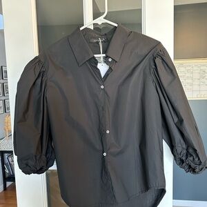 Olivaceous Black Puff-Sleeve Button Down Shirt